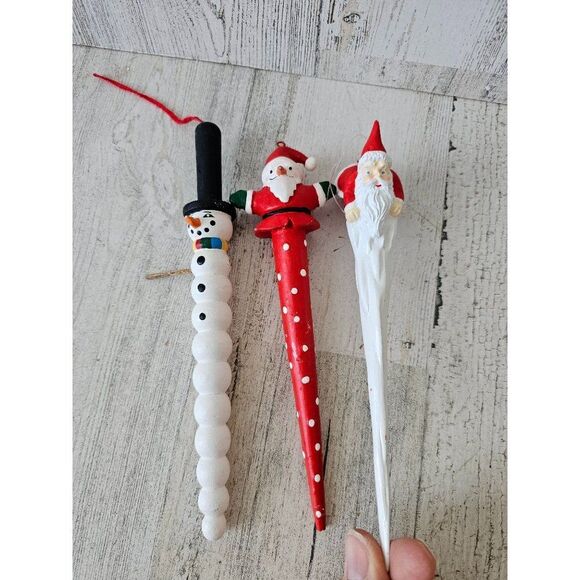 Vintage icicle pencil Santa snowman ornament set Xmas tree - Picture 1 of 11